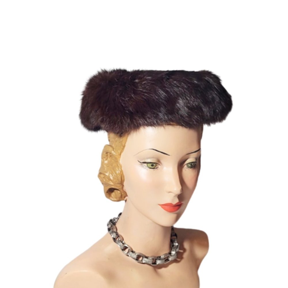 True Vintage 1950s Glossy Dark Brown Real Fur Wide Round Platter Style Hat